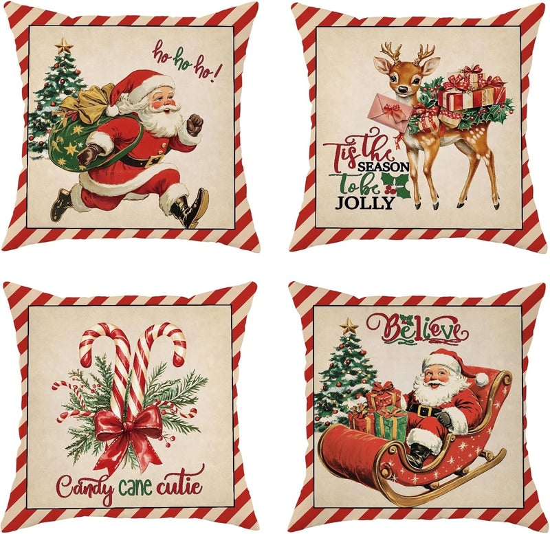 Christmas Throw Pillow Covers Set of 4, Red and Beige Vintage Santa and Reindeer Decorative Cushion Cases, Festive Holiday Farmhouse Decor for Home Sofa Couch 20x20 Inch - Image 1
