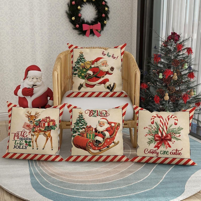 Christmas Throw Pillow Covers Set of 4, Red and Beige Vintage Santa and Reindeer Decorative Cushion Cases, Festive Holiday Farmhouse Decor for Home Sofa Couch 20x20 Inch - Image 2