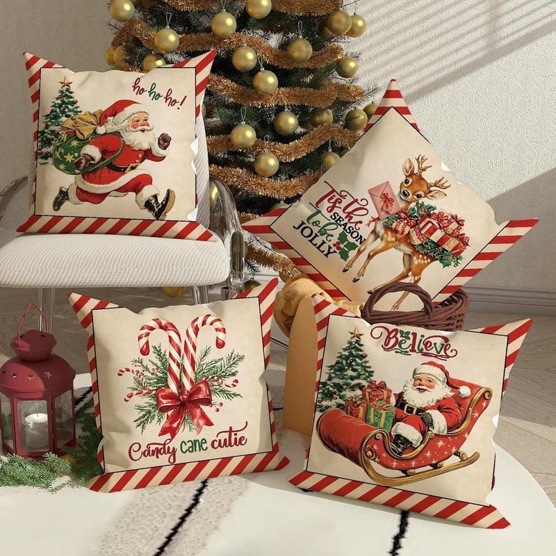 Christmas Throw Pillow Covers Set of 4, Red and Beige Vintage Santa and Reindeer Decorative Cushion Cases, Festive Holiday Farmhouse Decor for Home Sofa Couch 20x20 Inch - Image 4