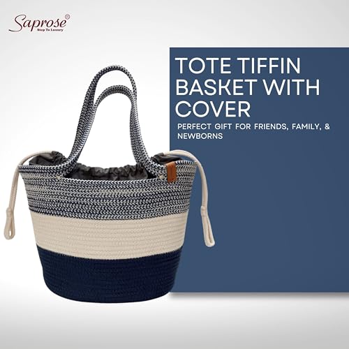ST SAPROSE SAPROSE ® Polypropylene Tote Tiffin Basket With Cover Carry Bag, Storage Basket, Picnic/Tiffin, Lunch Bag, Handbag for Lunch Box and Water Bottle, (29 x 18 x 28 cm) (Persian Blue) - Image 2