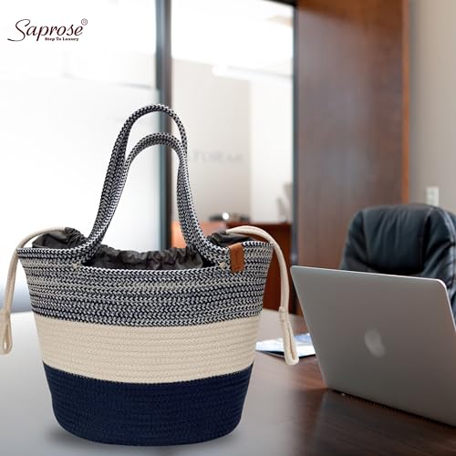 ST SAPROSE SAPROSE ® Polypropylene Tote Tiffin Basket With Cover Carry Bag, Storage Basket, Picnic/Tiffin, Lunch Bag, Handbag for Lunch Box and Water Bottle, (29 x 18 x 28 cm) (Persian Blue) - Image 4