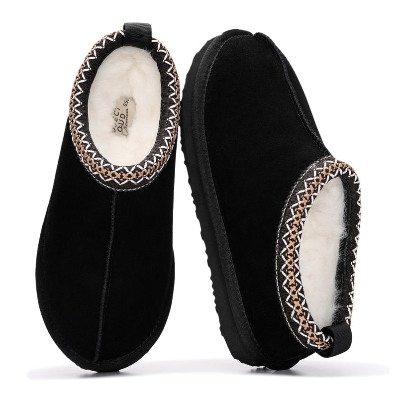 Project Cloud 100% Genuine Leather Womens Slippers w/Genuine Australian Shearling Fur Lining Slippers for Women - Non-Slip EVA w/Memory Foam Fuzzy Slippers Women Footwear (Nerita, Blk, 5.5)