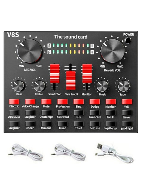 V8S Live Sound Card Bluetooth Sound Mixer Board 3.5mm Audio Interface Live Sound Card مع 16 تأثيرات صوتية 6 طرق توصيل مزدوجة DSP شريحة تقليل الضوضاء للبث المباشر وتسجيل الألعاب PC