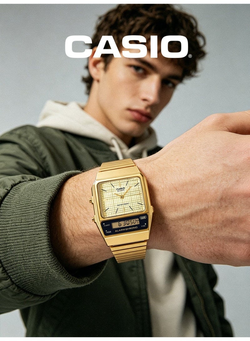 Casio Vintage Unisex Analog-Digital Square Watch, Gold Grid Analog Dial, Gold Ion-Plated Stainless Steel Bracelet, Dual Time, 3ATM Water Resistant AQ-800EG-9A - Image 3