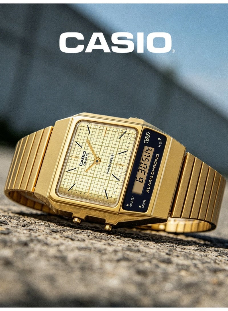 Casio Vintage Unisex Analog-Digital Square Watch, Gold Grid Analog Dial, Gold Ion-Plated Stainless Steel Bracelet, Dual Time, 3ATM Water Resistant AQ-800EG-9A - Image 4
