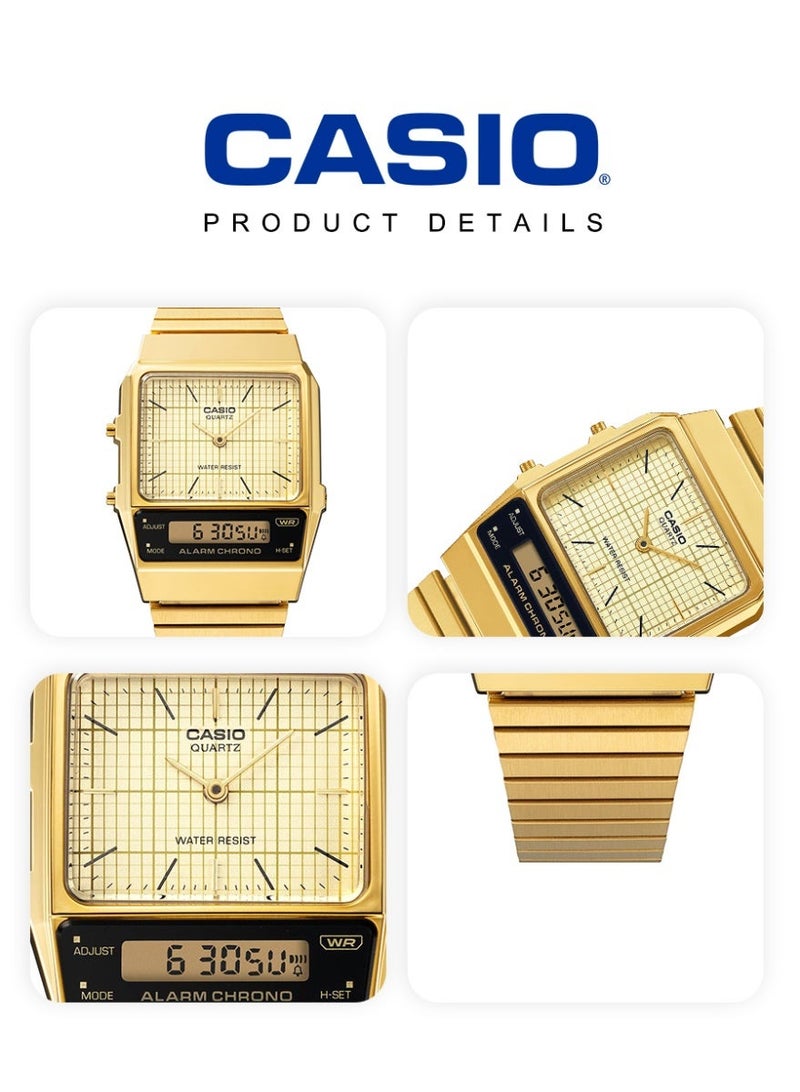Casio Vintage Unisex Analog-Digital Square Watch, Gold Grid Analog Dial, Gold Ion-Plated Stainless Steel Bracelet, Dual Time, 3ATM Water Resistant AQ-800EG-9A - Image 5