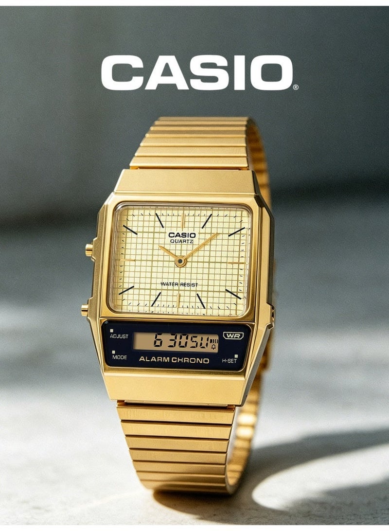 Casio Vintage Unisex Analog-Digital Square Watch, Gold Grid Analog Dial, Gold Ion-Plated Stainless Steel Bracelet, Dual Time, 3ATM Water Resistant AQ-800EG-9A - Image 1