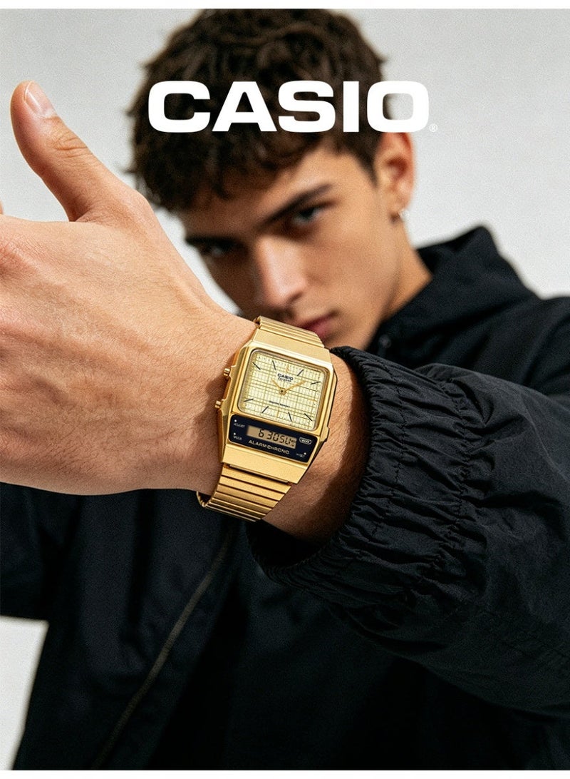 Casio Vintage Unisex Analog-Digital Square Watch, Gold Grid Analog Dial, Gold Ion-Plated Stainless Steel Bracelet, Dual Time, 3ATM Water Resistant AQ-800EG-9A - Image 2