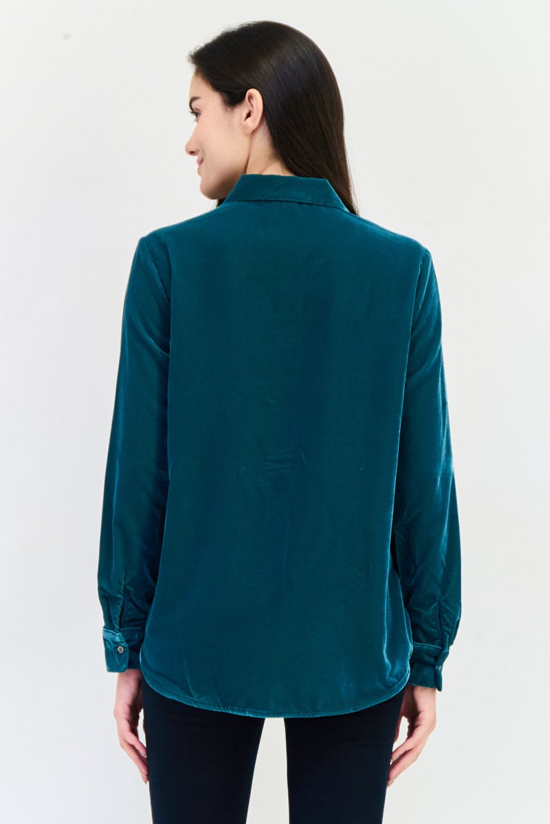 GAP Women Spread Collar Long Sleeve Velvet Shirt, Dark Green - Image 4