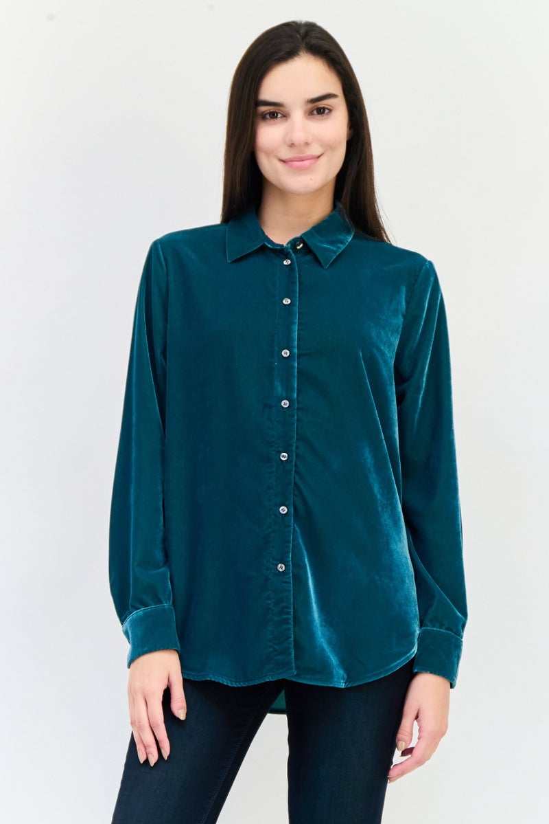 GAP Women Spread Collar Long Sleeve Velvet Shirt, Dark Green - Image 1