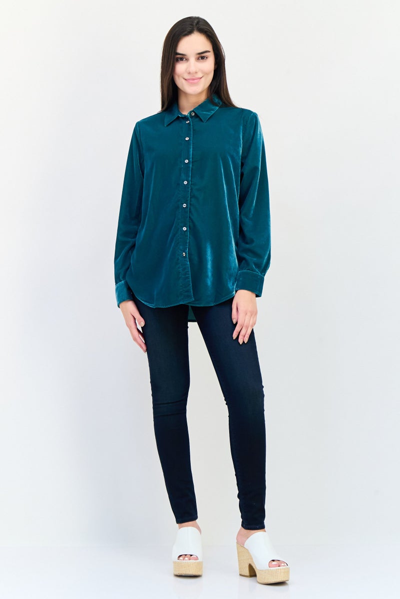 GAP Women Spread Collar Long Sleeve Velvet Shirt, Dark Green - Image 3