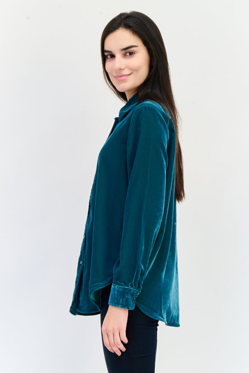 GAP Women Spread Collar Long Sleeve Velvet Shirt, Dark Green - Image 2