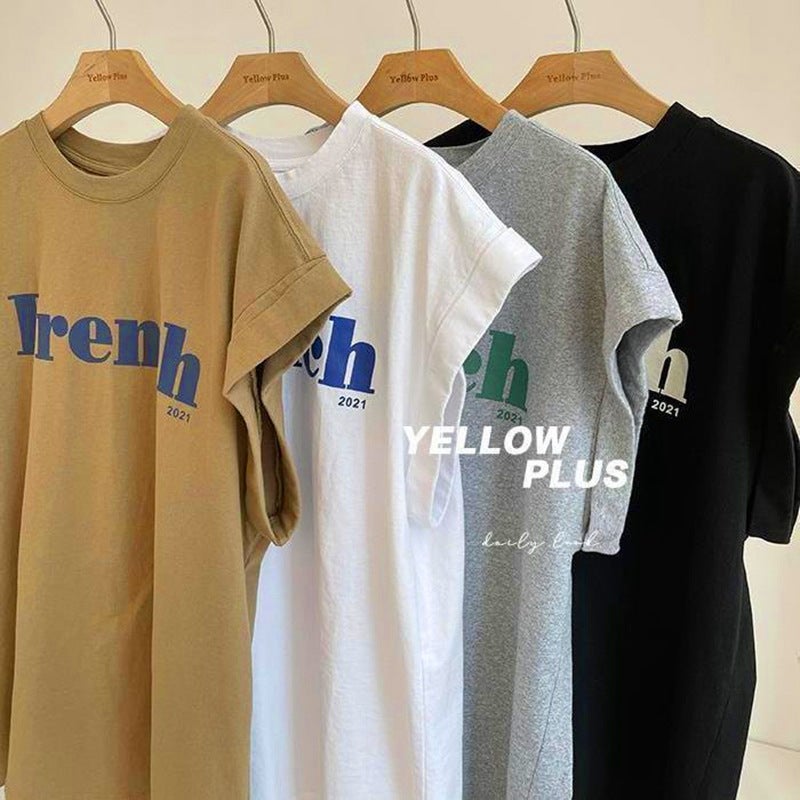 Letter Printing Curl Shoulder Drop Flying Sleeve T-shirt Women's Summer New tee Loose Casual All-match Mid-length Top - Image 3