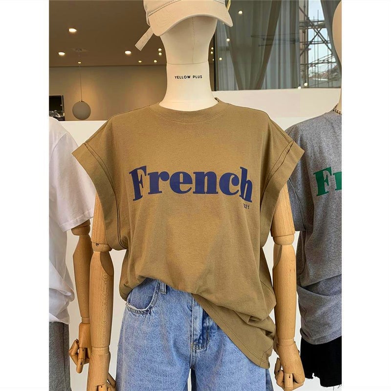 Letter Printing Curl Shoulder Drop Flying Sleeve T-shirt Women's Summer New tee Loose Casual All-match Mid-length Top - Image 1