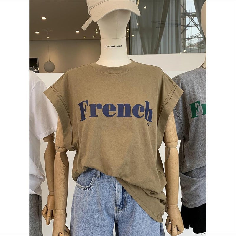 Letter Printing Curl Shoulder Drop Flying Sleeve T-shirt Women's Summer New tee Loose Casual All-match Mid-length Top - Image 2