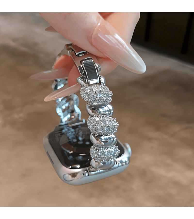 Luxury Metal Watch Band With Rhinestone Accents For Women 42mm 44mm 45mm 46mm 49mm Silvery Replacement Strap Compatible With Smartwatch Series - Image 1
