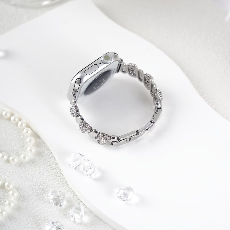 Luxury Metal Watch Band With Rhinestone Accents For Women 42mm 44mm 45mm 46mm 49mm Silvery Replacement Strap Compatible With Smartwatch Series - Image 4