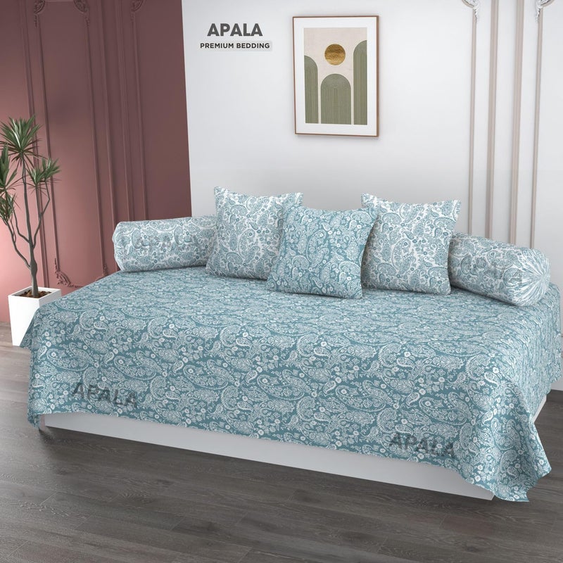APALA Super Soft Cotton Paisley diwan Set for Living Room, diwan Set Covers Cotton, diwan Set 6 Pieces One Single Bedsheet with 3 Cushion Cover,2 Bolster (Aqua) - Image 1