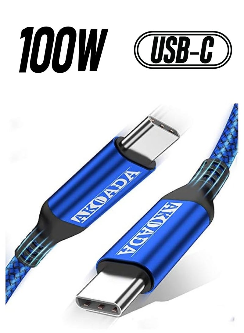 AkoaDa USB-C To USB-C 100W Cable 10ft, USB C Braided Fast Charging Cable Compatible With MacBook Pro 2020/2019/2018, iPad Pro 2020/2019/2018,Samsung Galaxy Note 20,Pixelbook And Type-C Laptops (Blue) - Image 1