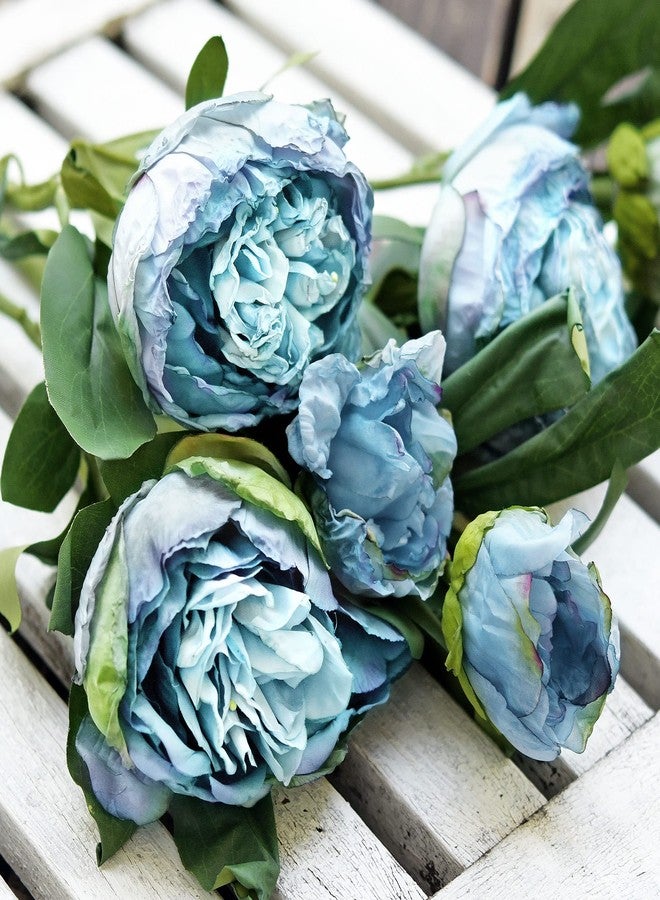 FiveSeasonStuff Vintage Dusty Blue Peonies - Realistic Artificial Silk Flowers with Dry-Look Petals, 6 Stems for Rustic Home & Wedding Bridesmaids Bouquet Bridal Showers - Image 2