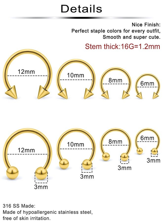 Ftovosyo 16PCS 16G Multiple Different Sizes Horseshoe Barbell Surgical Steel Nose Septum Rings Hoop Daith Earring Eyebrow Helix Vertical Lip Piercing Jewelry for Women Men Gold-Tone - Image 3