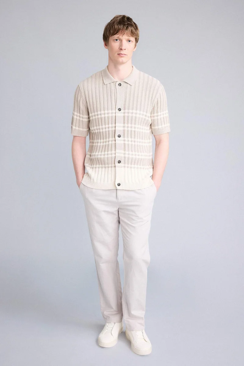 ديفاكتو Standard Fit Polo Collar Striped Short Sleeve Polo T-Shirt