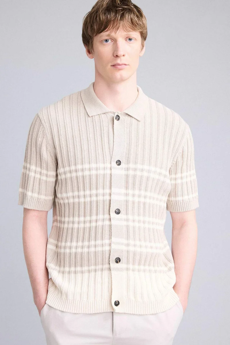 ديفاكتو Standard Fit Polo Collar Striped Short Sleeve Polo T-Shirt