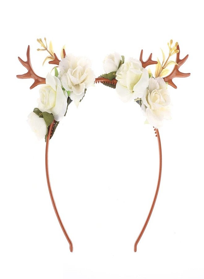 Wiwpar Antlers Deer Headband - Floral Crown Hoop Hair Accessories for Women & Girls - Festival, Christmas - White - Image 4