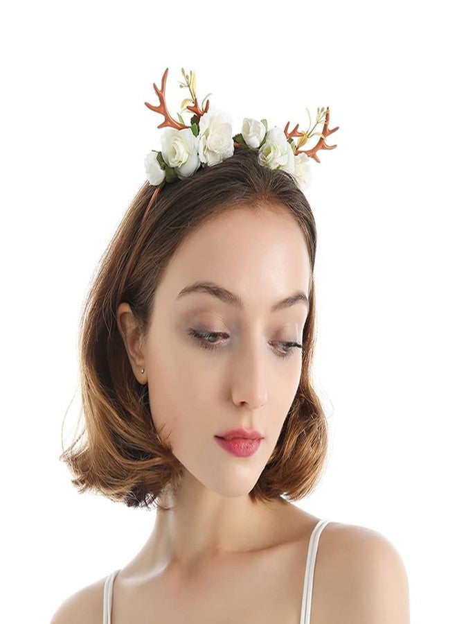 Wiwpar Antlers Deer Headband - Floral Crown Hoop Hair Accessories for Women & Girls - Festival, Christmas - White - Image 3