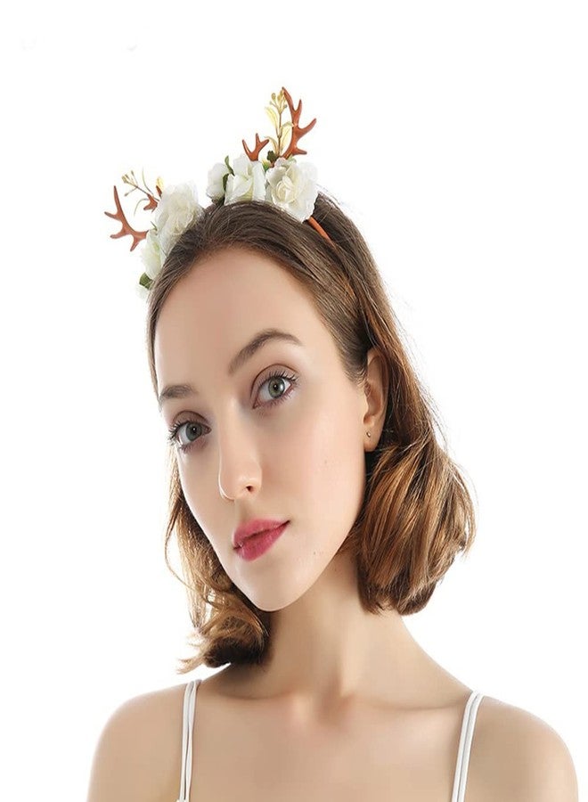 Wiwpar Antlers Deer Headband - Floral Crown Hoop Hair Accessories for Women & Girls - Festival, Christmas - White - Image 2