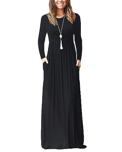AUSELILY Women's Long Sleeve Dress Loose Plain Long Casual Maxi Dresses with Pockets 2025 New Black XL - Image 1