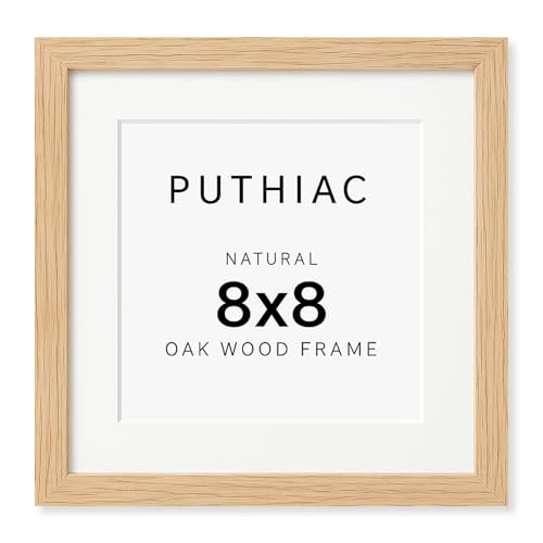 puthiac 8x8 Solid Oak Wood Picture Frame, Fits 4x4 with Mat or 8x8 Without Mat, Wall or Tabletop Display with Stand, Plexi Front, 1 Pack, Natural Oak - Image 1