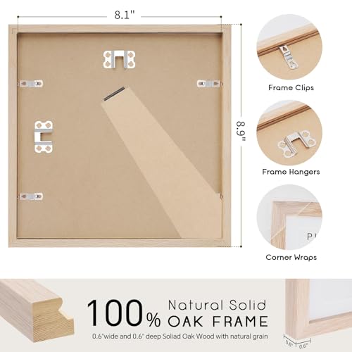 puthiac 8x8 Solid Oak Wood Picture Frame, Fits 4x4 with Mat or 8x8 Without Mat, Wall or Tabletop Display with Stand, Plexi Front, 1 Pack, Natural Oak - Image 3