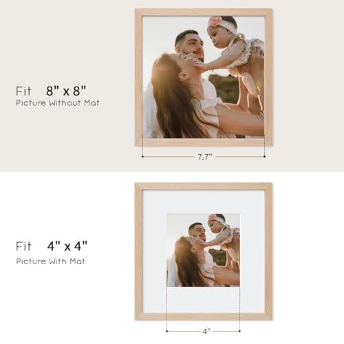 puthiac 8x8 Solid Oak Wood Picture Frame, Fits 4x4 with Mat or 8x8 Without Mat, Wall or Tabletop Display with Stand, Plexi Front, 1 Pack, Natural Oak - Image 4