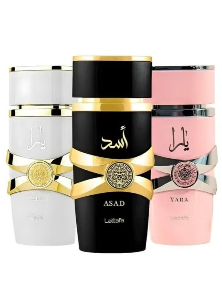 Lattafa distinctive perfume collection Yara, Asad and Yara Moa Eau de Parfum 100ml