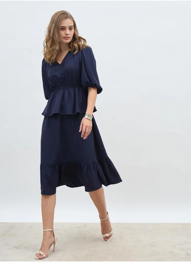 ستايلي Styli Solid V Neck Peplum Style A-Line Midi Dress
