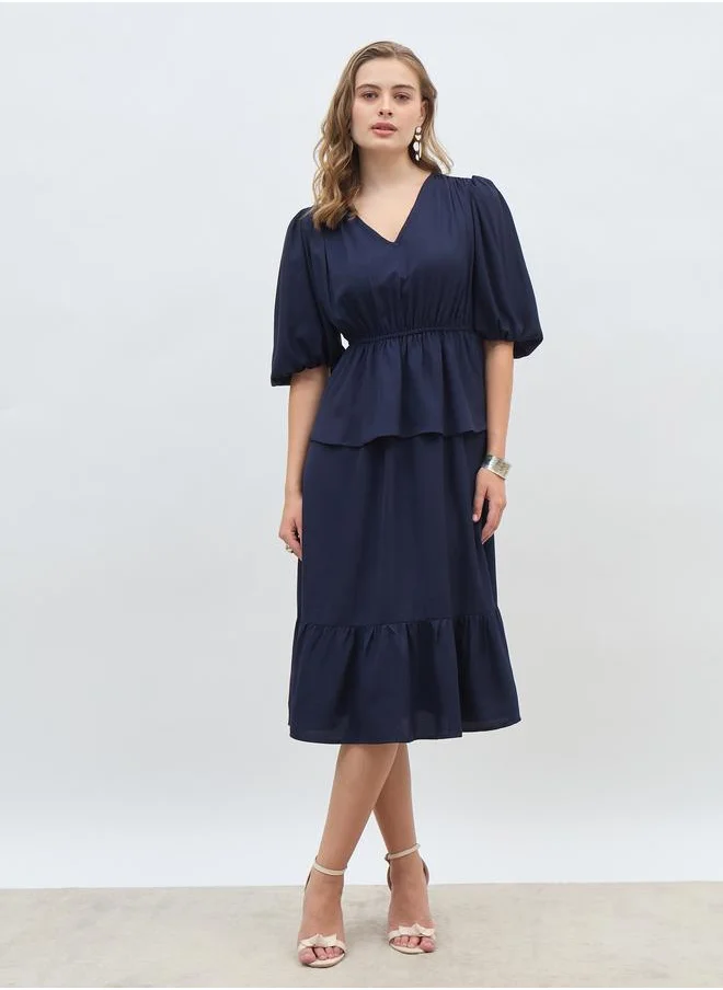 ستايلي Styli Solid V Neck Peplum Style A-Line Midi Dress