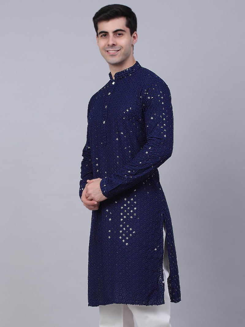 Jompers Men's Chikankari Embroidered and Sequence Kurtas (Navy, M) - Image 3