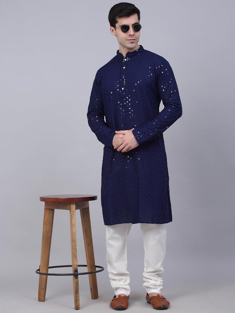 Jompers Men's Chikankari Embroidered and Sequence Kurtas (Navy, M) - Image 4