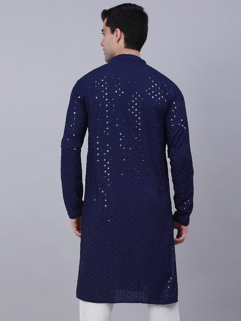 Jompers Men's Chikankari Embroidered and Sequence Kurtas (Navy, M) - Image 2