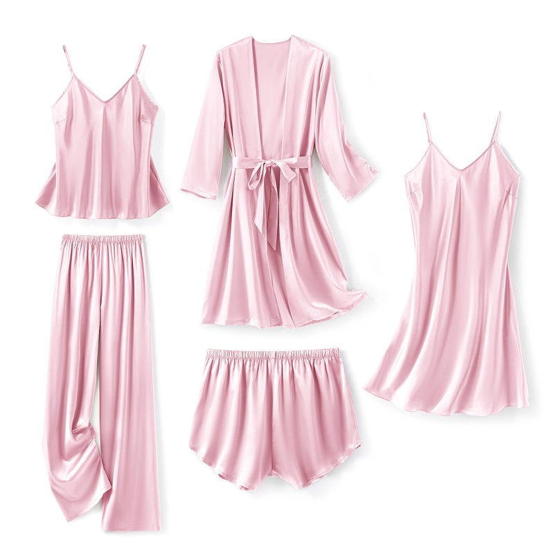 SAPJON Silk Pajamas for Women 5Pcs Sleepwear Loungewear Satin Robe Cami Shorts Pj Set Pink - Image 1