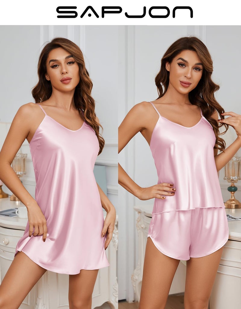 SAPJON Silk Pajamas for Women 5Pcs Sleepwear Loungewear Satin Robe Cami Shorts Pj Set Pink - Image 2