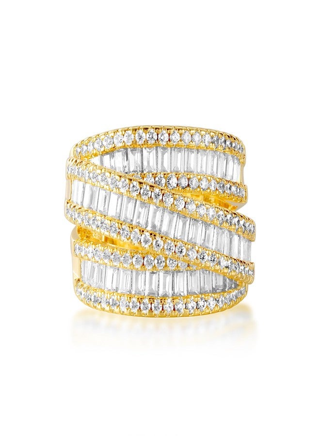 MDFUN 18K Yellow Gold Plated 3 Rows Emerald Cut Cubic Zirconia Rings Wedding Eternity Band for Women Men Size 7 - Image 1
