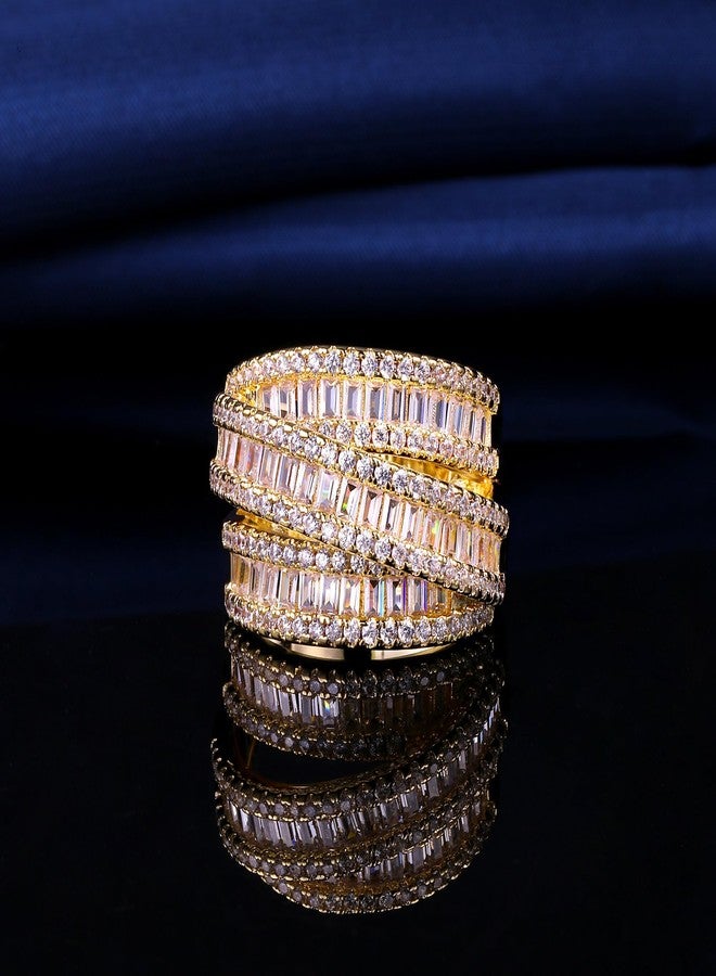 MDFUN 18K Yellow Gold Plated 3 Rows Emerald Cut Cubic Zirconia Rings Wedding Eternity Band for Women Men Size 7 - Image 4