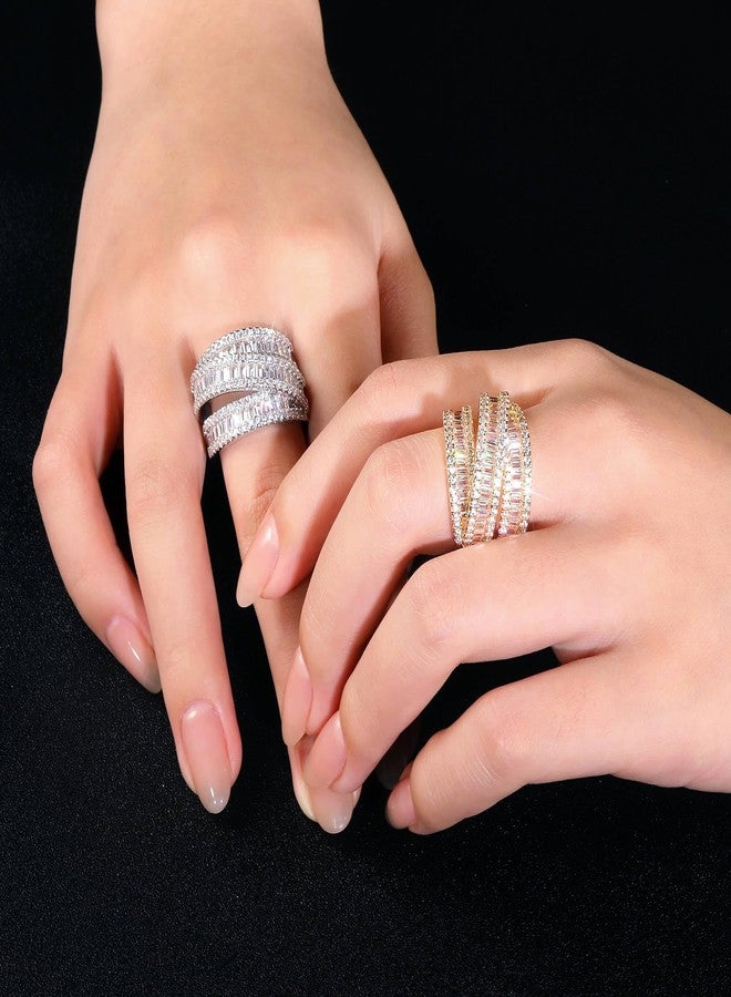MDFUN 18K Yellow Gold Plated 3 Rows Emerald Cut Cubic Zirconia Rings Wedding Eternity Band for Women Men Size 7 - Image 2