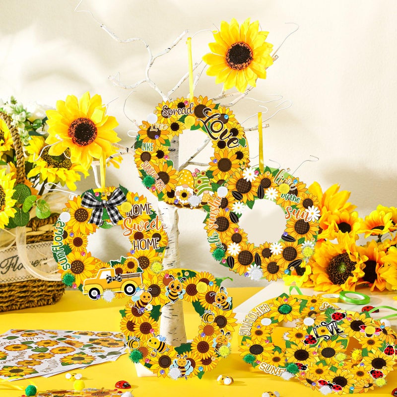 Hollowfly 48 Sets Sunflower Craft Kits Diy Fall Wreath Hanging Ornaments Make Your Own Paper Autumn Craft With Bee Daisy Stickers For Home Summer Party Favors Activities - Image 5