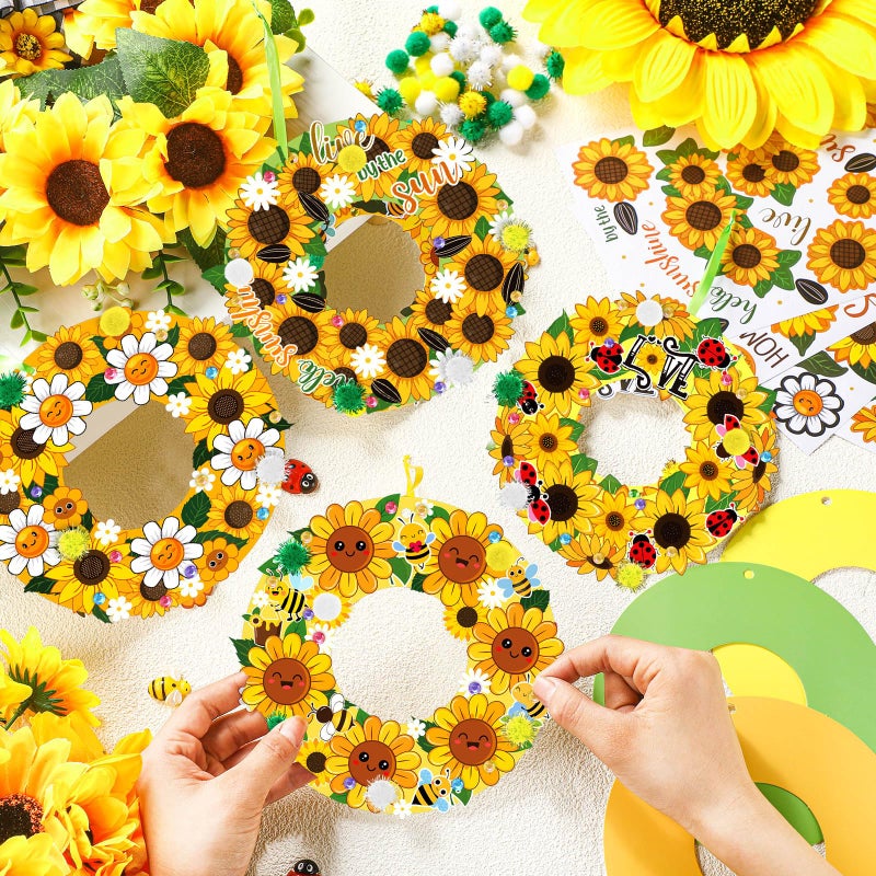 Hollowfly 48 Sets Sunflower Craft Kits Diy Fall Wreath Hanging Ornaments Make Your Own Paper Autumn Craft With Bee Daisy Stickers For Home Summer Party Favors Activities - Image 2