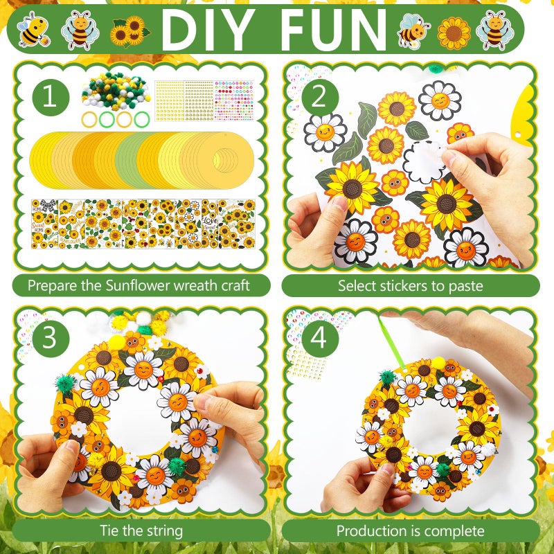 Hollowfly 48 Sets Sunflower Craft Kits Diy Fall Wreath Hanging Ornaments Make Your Own Paper Autumn Craft With Bee Daisy Stickers For Home Summer Party Favors Activities - Image 4