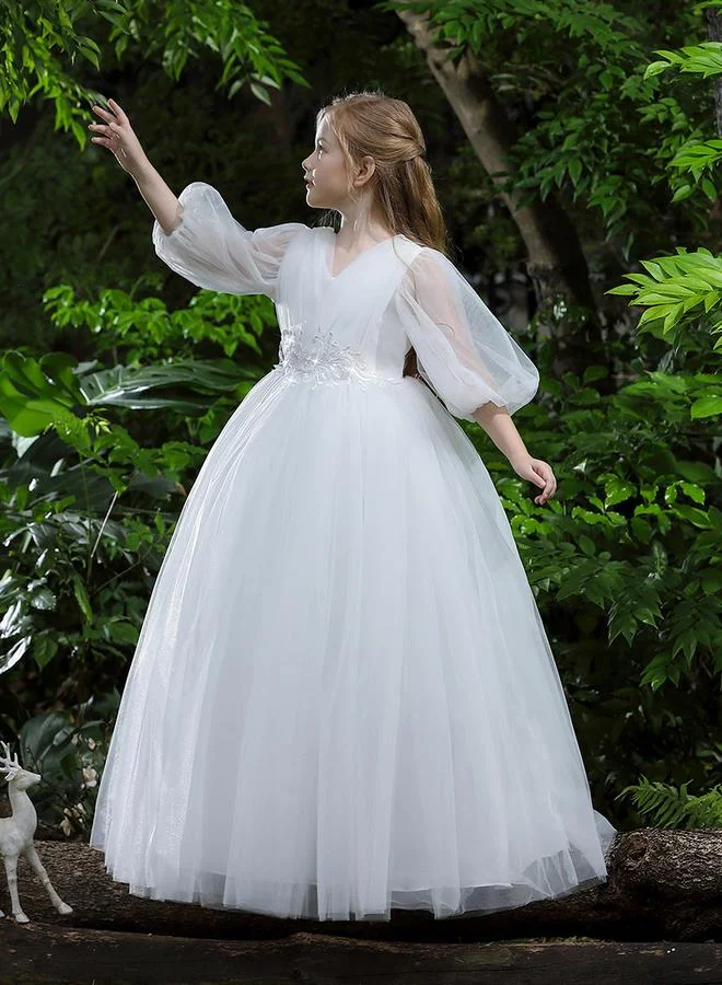 تايك تو White Mesh Lace Detail Balloon Sleeve Dress