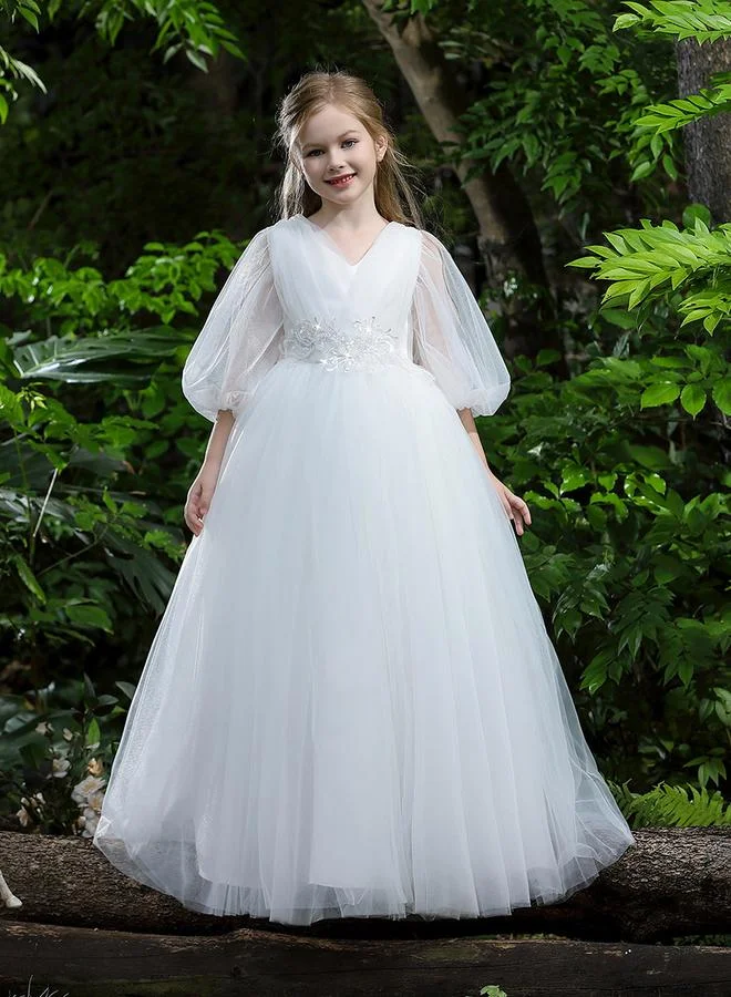 تايك تو White Mesh Lace Detail Balloon Sleeve Dress